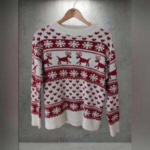 SHEIN Red and White Reindeer Crewneck Sweater